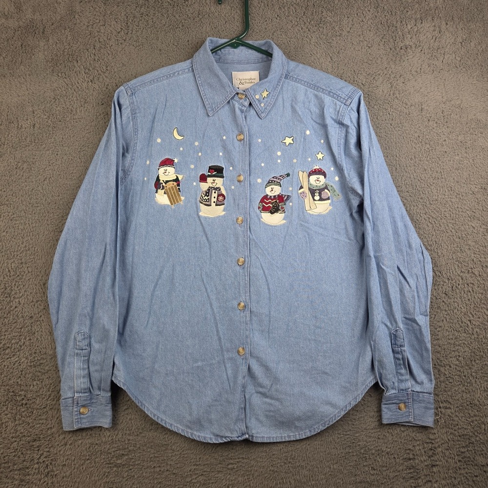 Vintage Christmas Shirt Women's Medium Blue Embroidered Snowman Holiday Winter